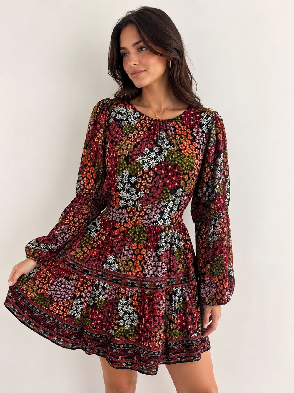 Saylor Floral Long Sleeve Boho Peasant Red Multicolor Tiered Mini Dress Large